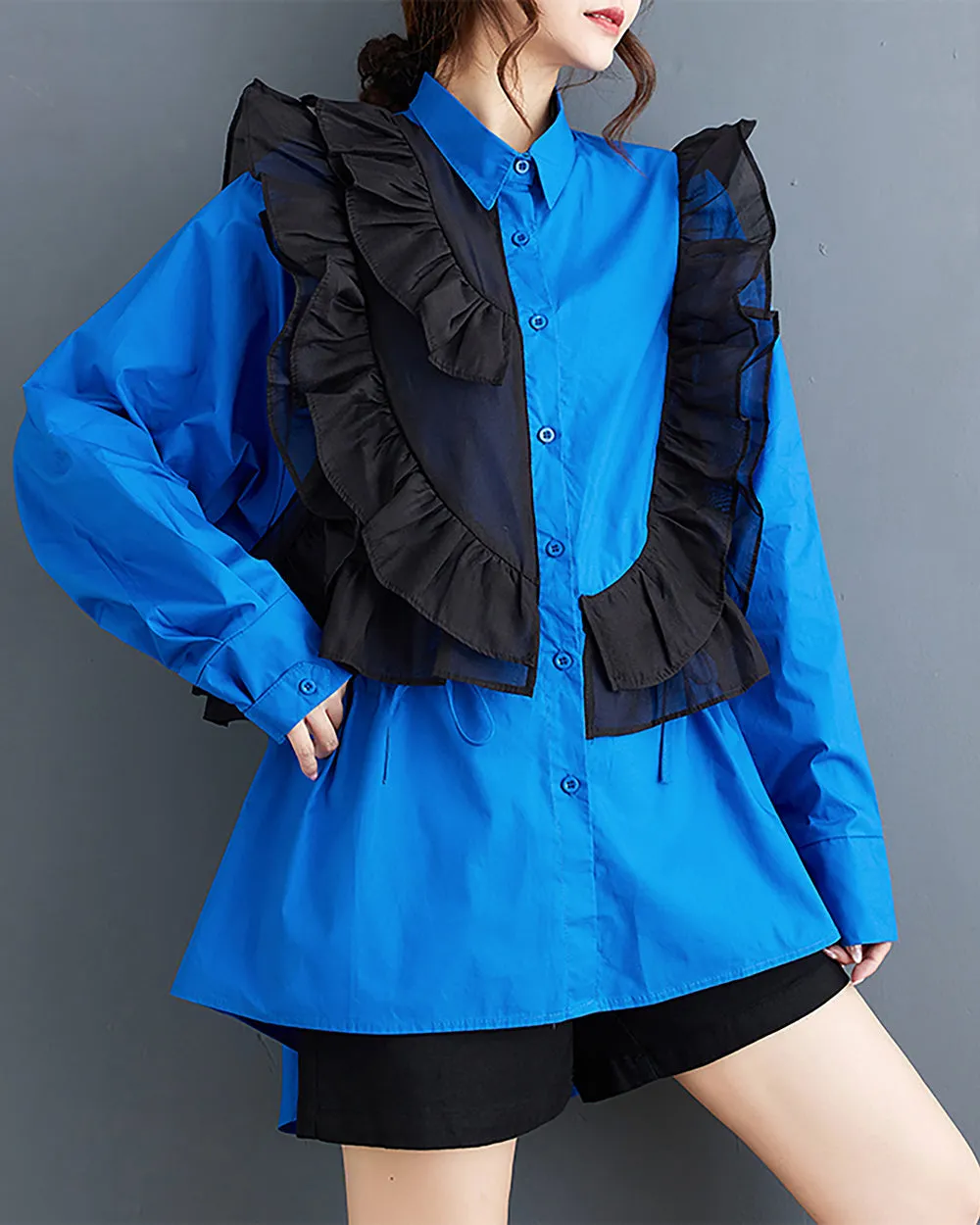 Women's Shirt Lapel Button Down Long Sleeve Flowy Hem Solid Color Lace Loose Oversize Fall GZ281