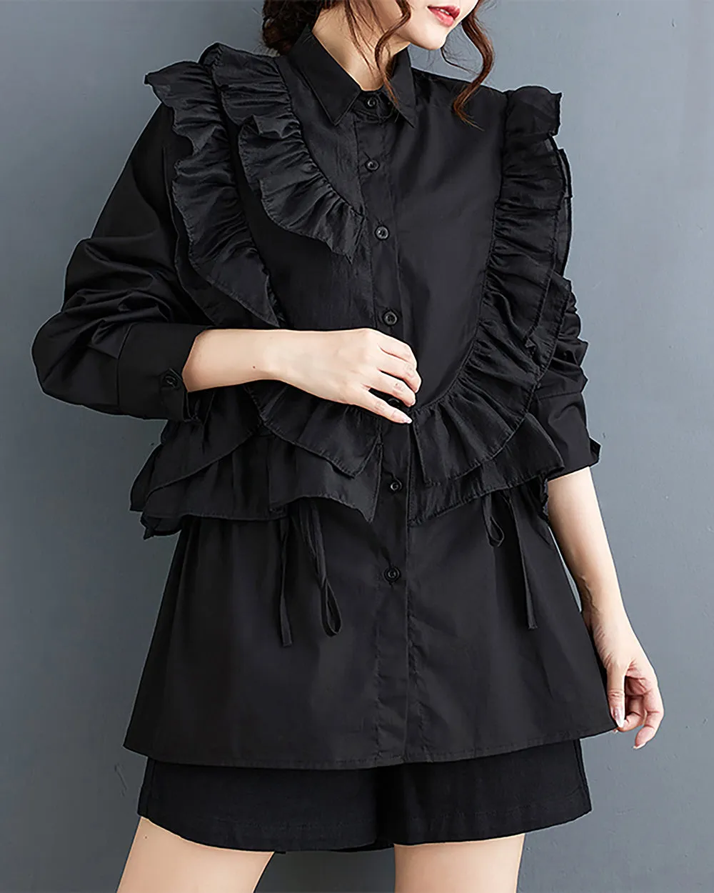 Women's Shirt Lapel Button Down Long Sleeve Flowy Hem Solid Color Lace Loose Oversize Fall GZ281
