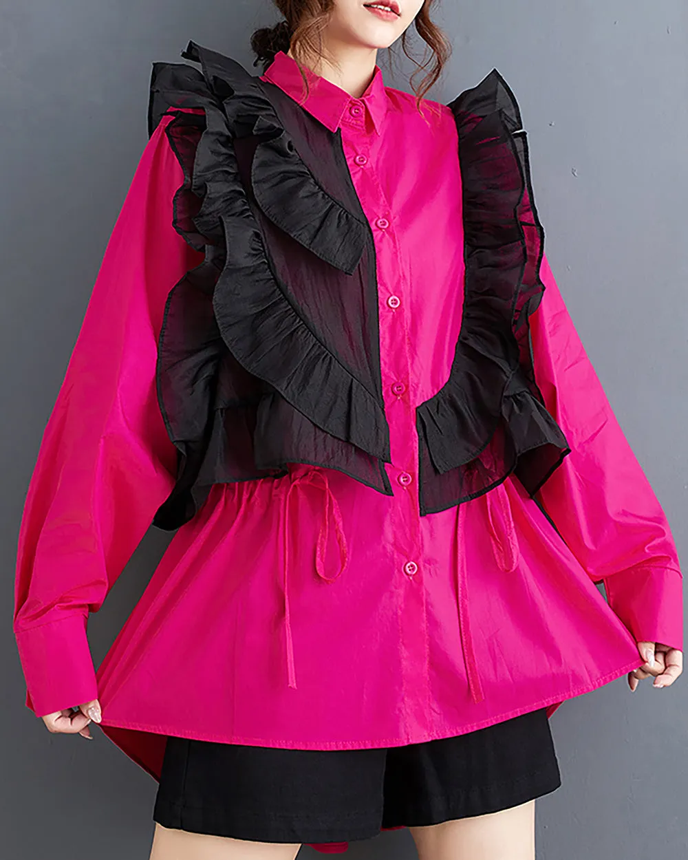 Women's Shirt Lapel Button Down Long Sleeve Flowy Hem Solid Color Lace Loose Oversize Fall GZ281