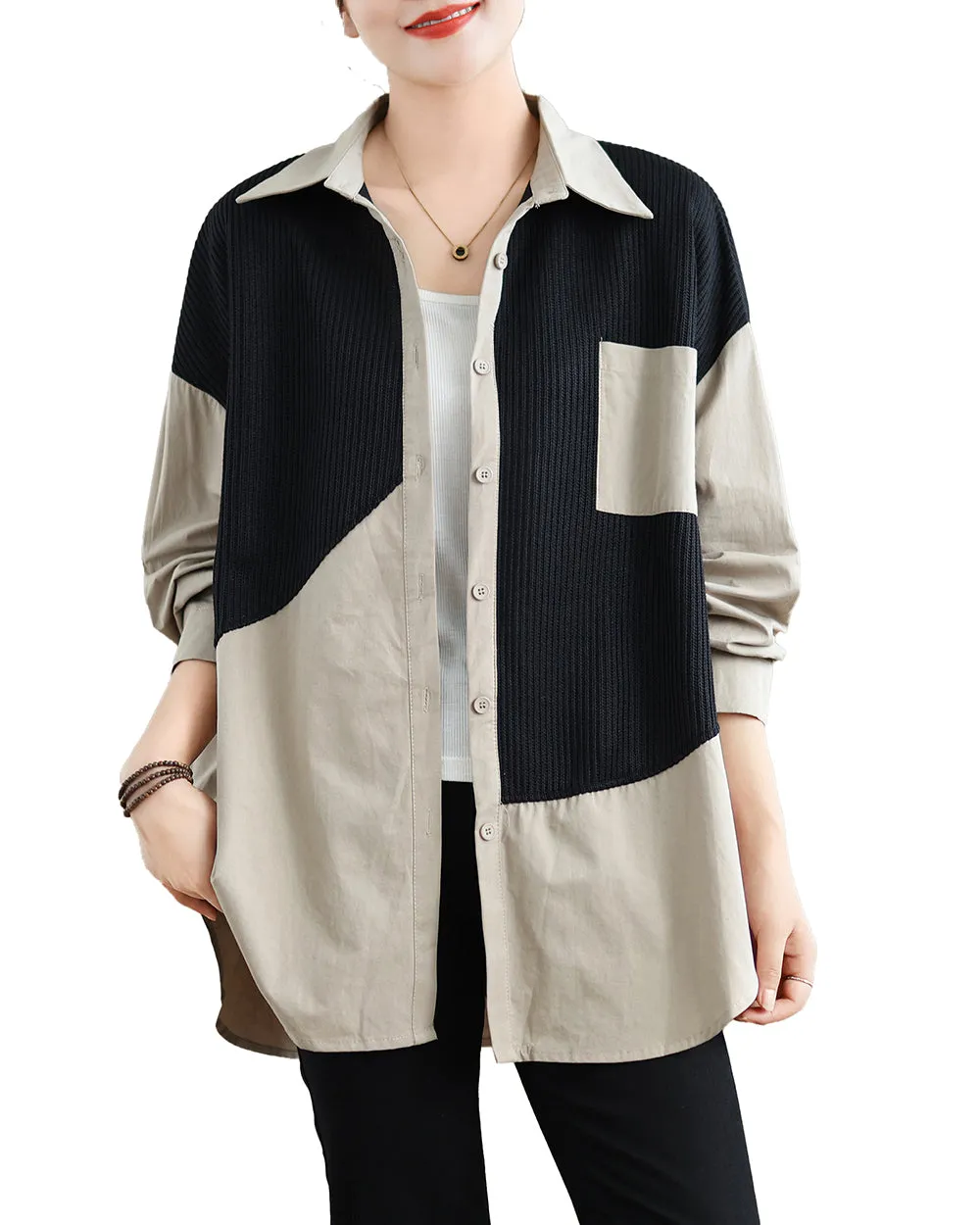 Women's Shirt Lapel Button Down Long Sleeve Pocket Solid Color Patchwork Top Loose Oversize GA2773