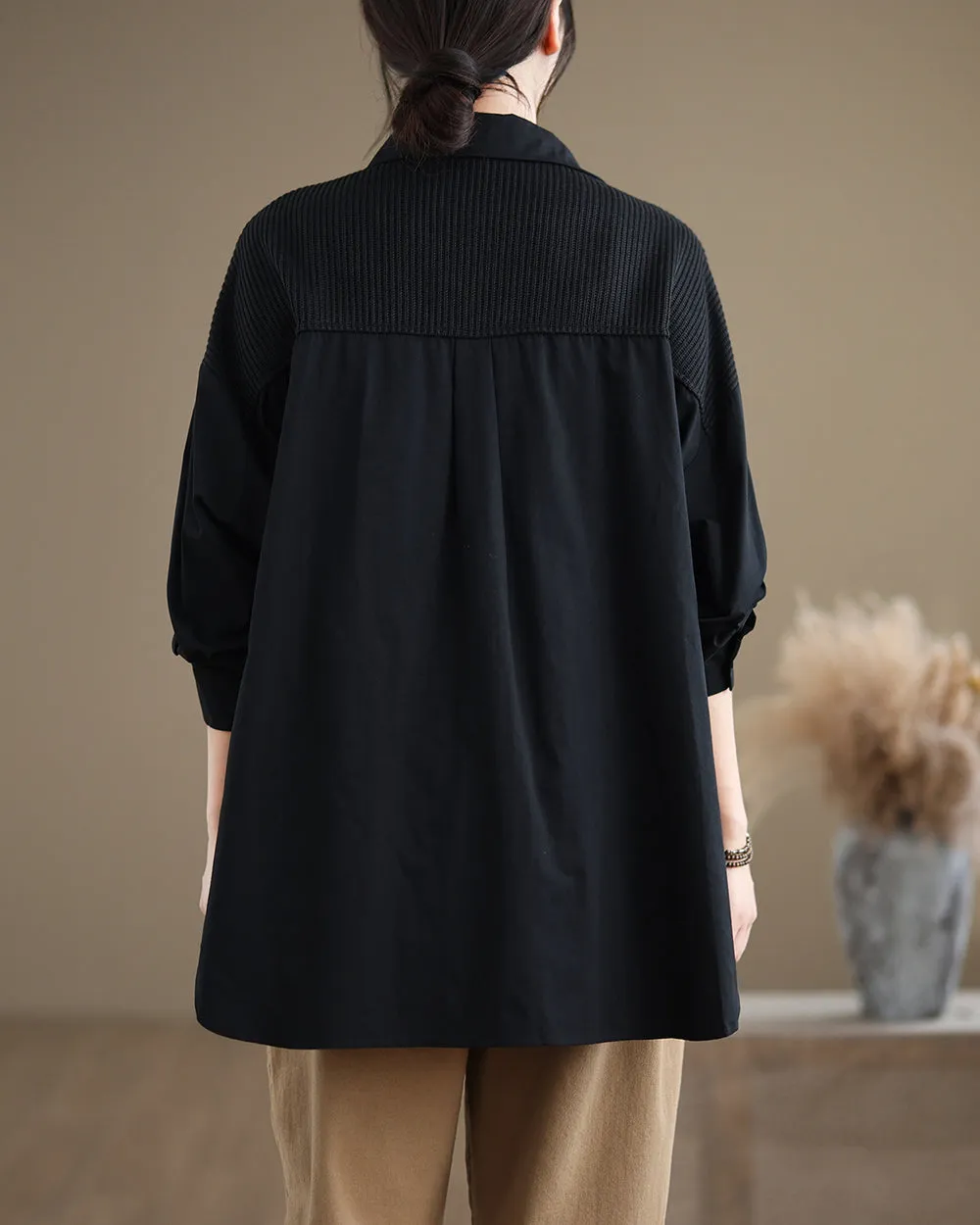 Women's Shirt Lapel Button Down Long Sleeve Pocket Solid Color Patchwork Top Loose Oversize GA2773