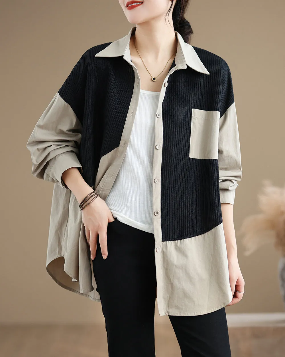 Women's Shirt Lapel Button Down Long Sleeve Pocket Solid Color Patchwork Top Loose Oversize GA2773