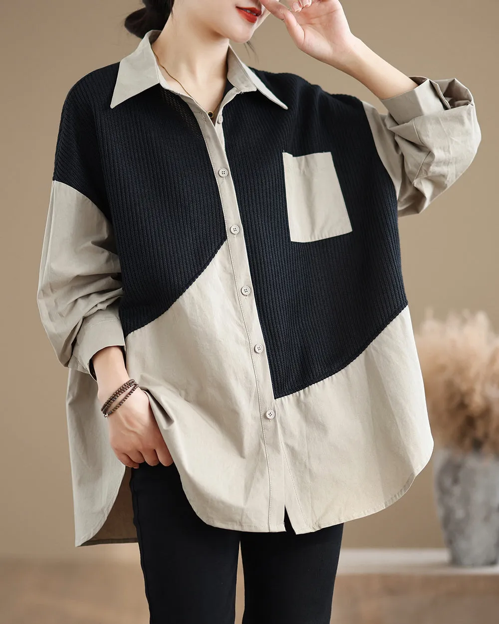 Women's Shirt Lapel Button Down Long Sleeve Pocket Solid Color Patchwork Top Loose Oversize GA2773