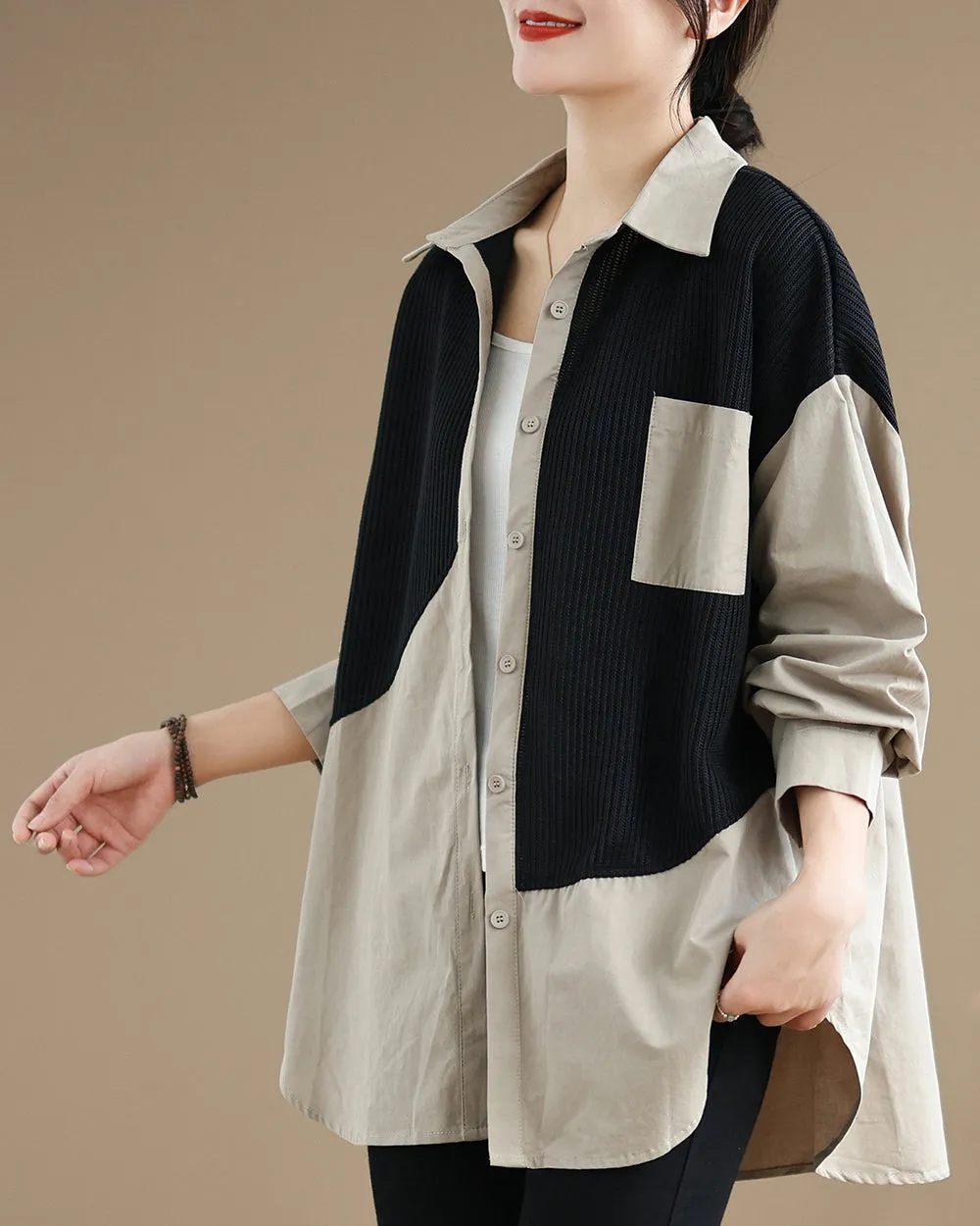 Women's Shirt Lapel Button Down Long Sleeve Pocket Solid Color Patchwork Top Loose Oversize GA2773