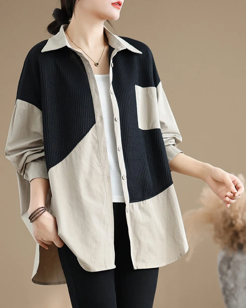 Women's Shirt Lapel Button Down Long Sleeve Pocket Solid Color Patchwork Top Loose Oversize GA2773