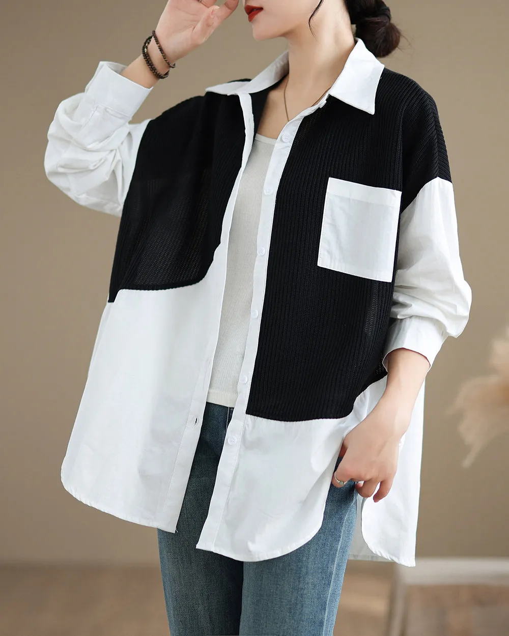 Women's Shirt Lapel Button Down Long Sleeve Pocket Solid Color Patchwork Top Loose Oversize GA2773