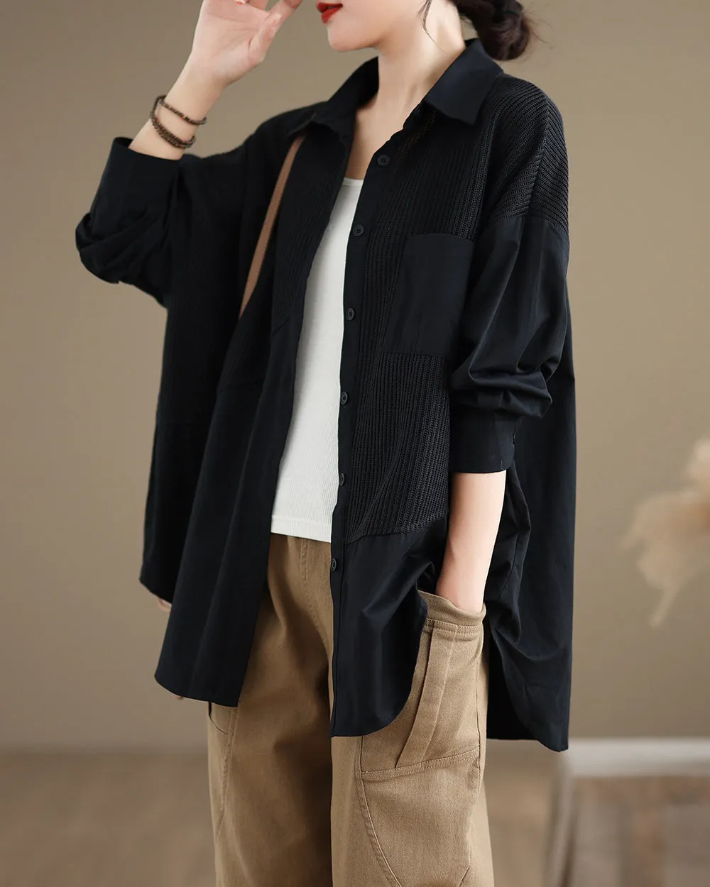 Women's Shirt Lapel Button Down Long Sleeve Pocket Solid Color Patchwork Top Loose Oversize GA2773