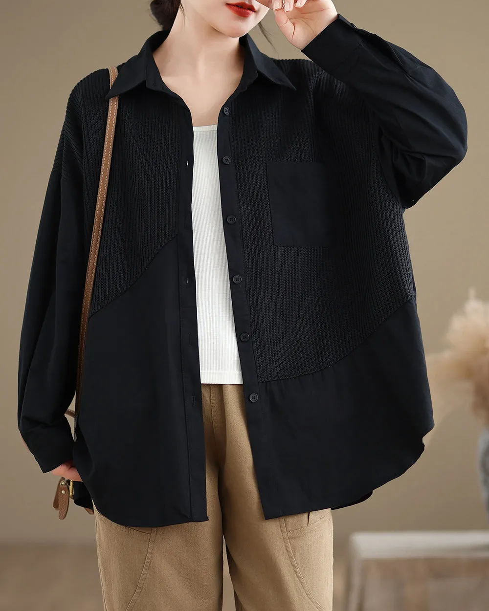 Women's Shirt Lapel Button Down Long Sleeve Pocket Solid Color Patchwork Top Loose Oversize GA2773