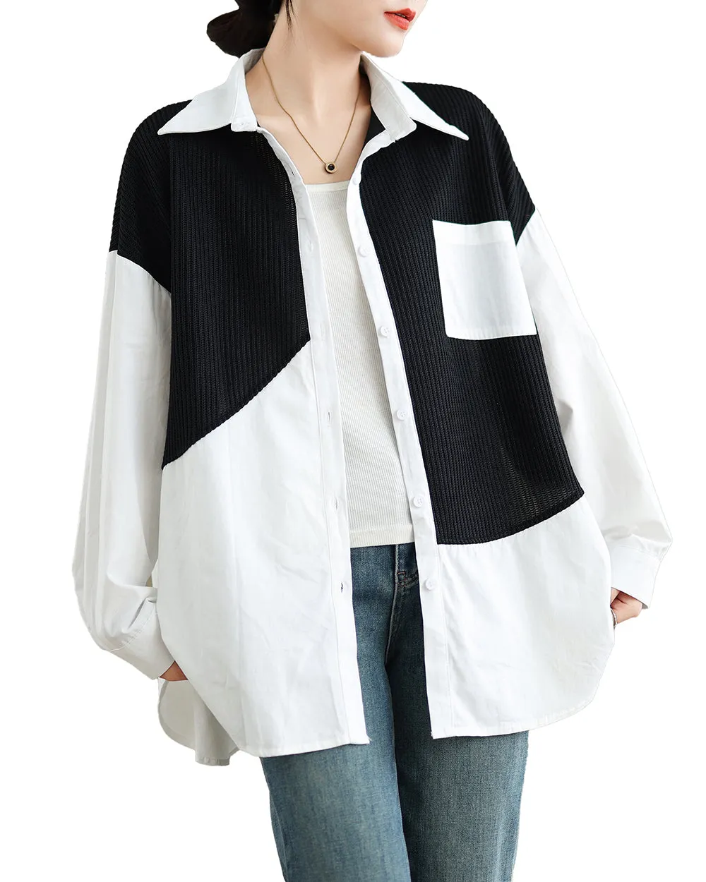 Women's Shirt Lapel Button Down Long Sleeve Pocket Solid Color Patchwork Top Loose Oversize GA2773
