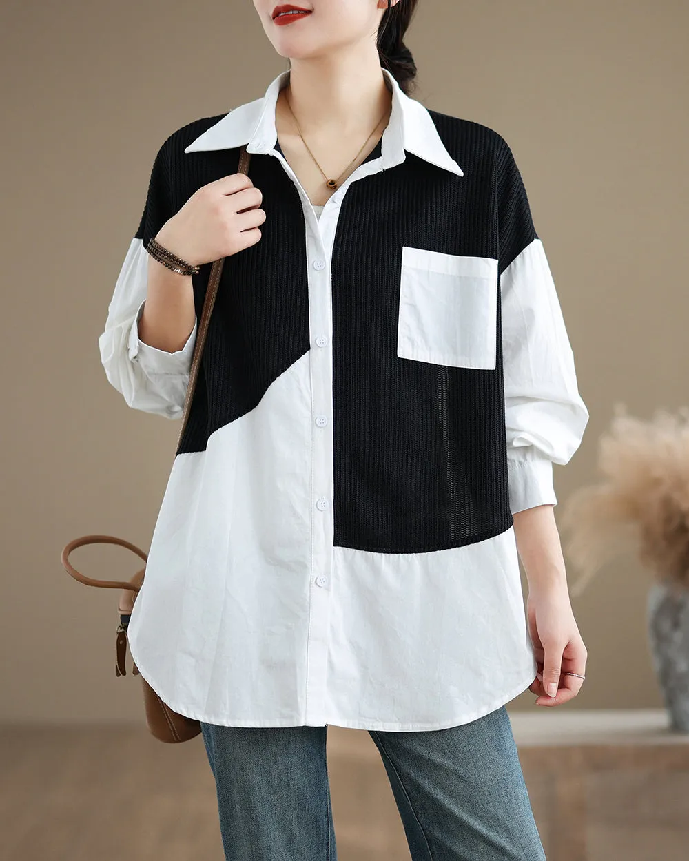 Women's Shirt Lapel Button Down Long Sleeve Pocket Solid Color Patchwork Top Loose Oversize GA2773