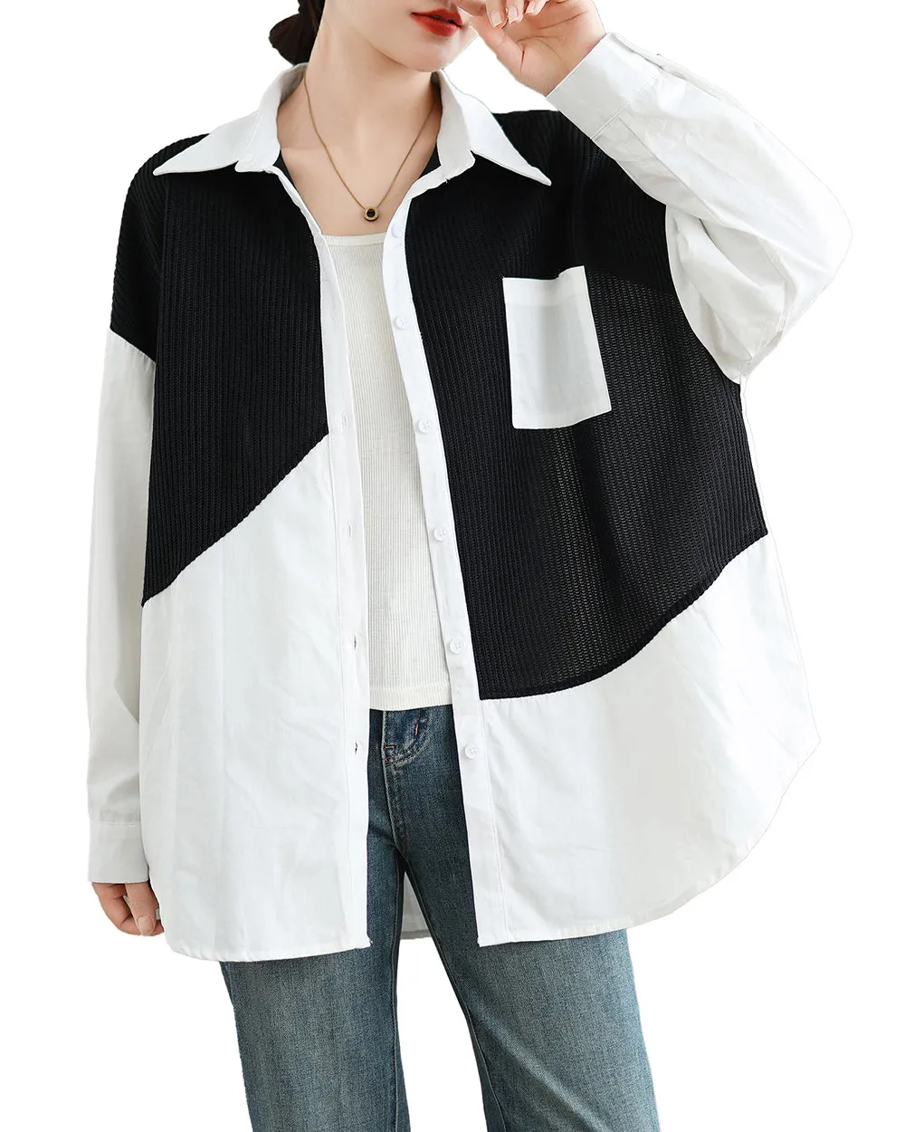 Women's Shirt Lapel Button Down Long Sleeve Pocket Solid Color Patchwork Top Loose Oversize GA2773