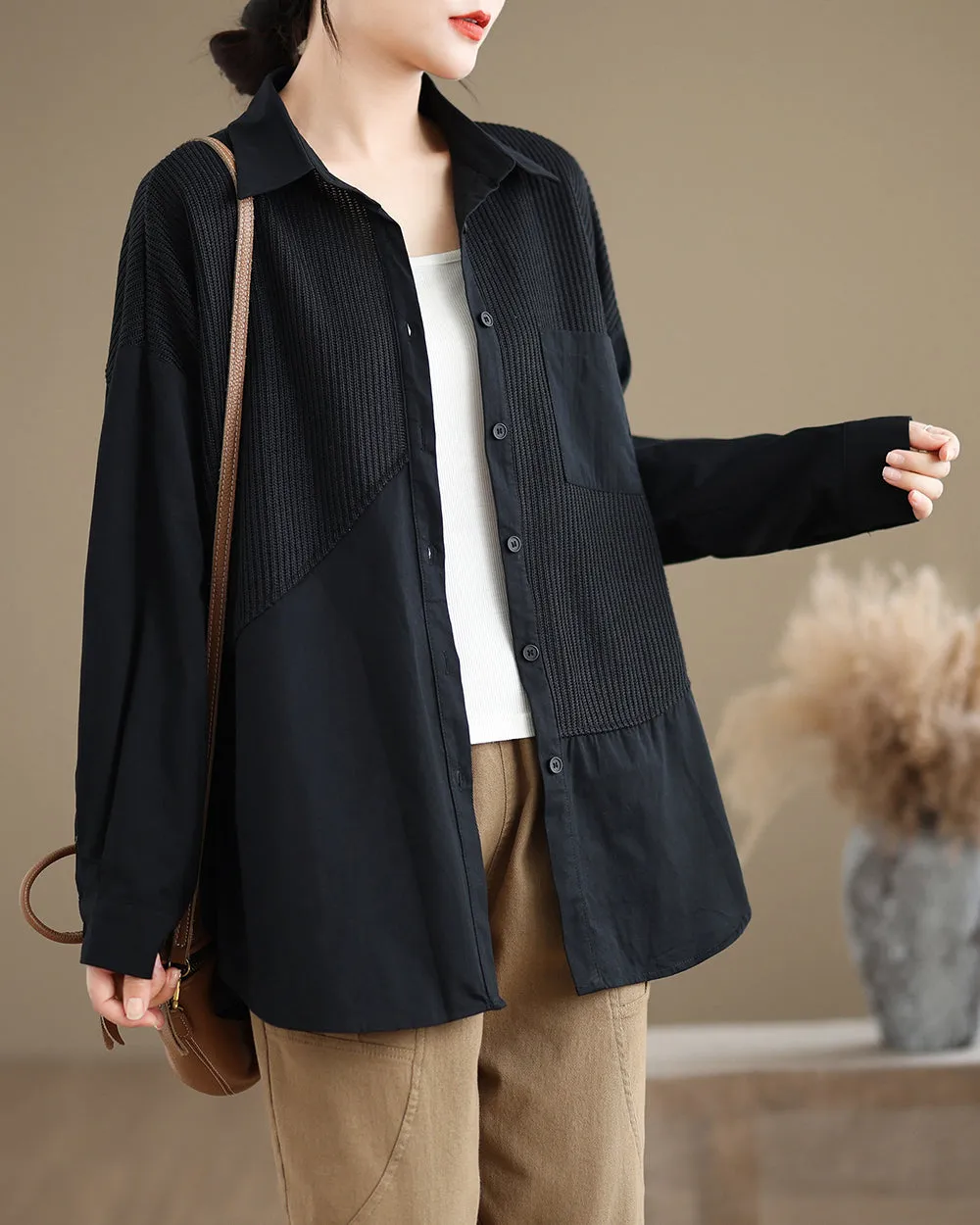 Women's Shirt Lapel Button Down Long Sleeve Pocket Solid Color Patchwork Top Loose Oversize GA2773
