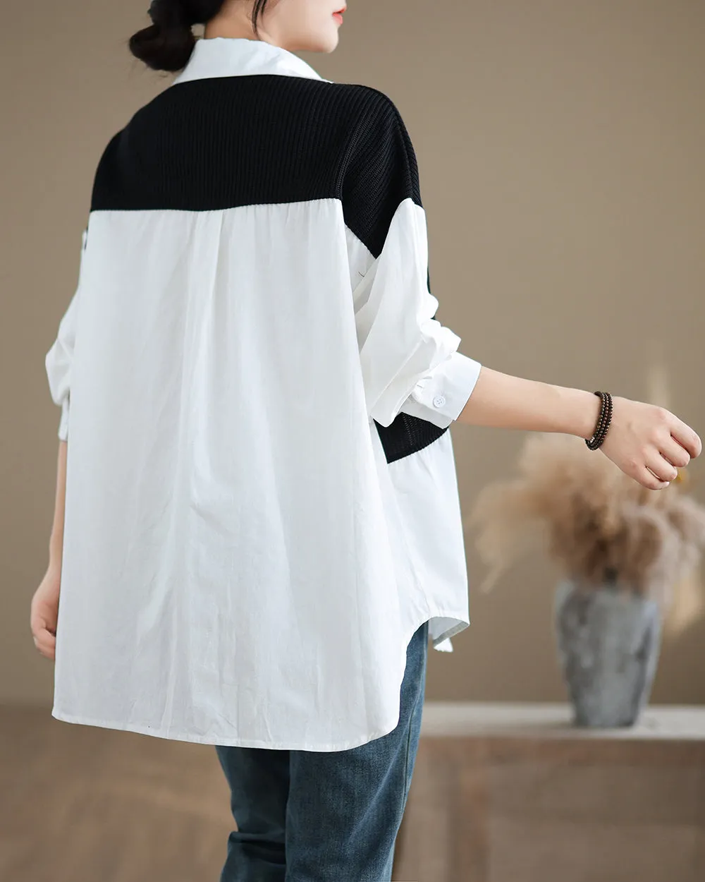 Women's Shirt Lapel Button Down Long Sleeve Pocket Solid Color Patchwork Top Loose Oversize GA2773