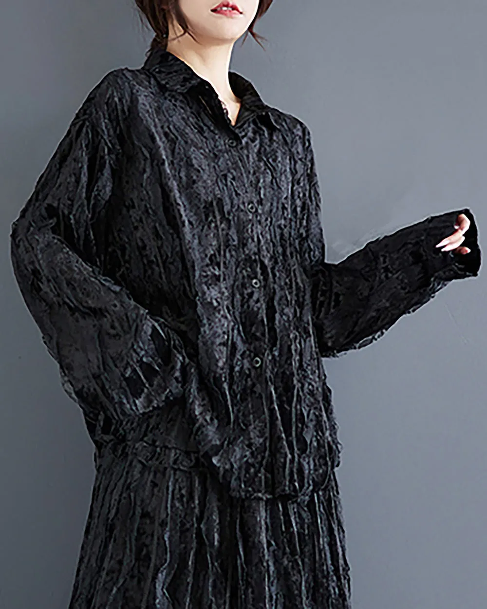 Women's Shirt Long Sleeve Lapel Button Down Black Top Loose Oversize Fall Winter GZ289
