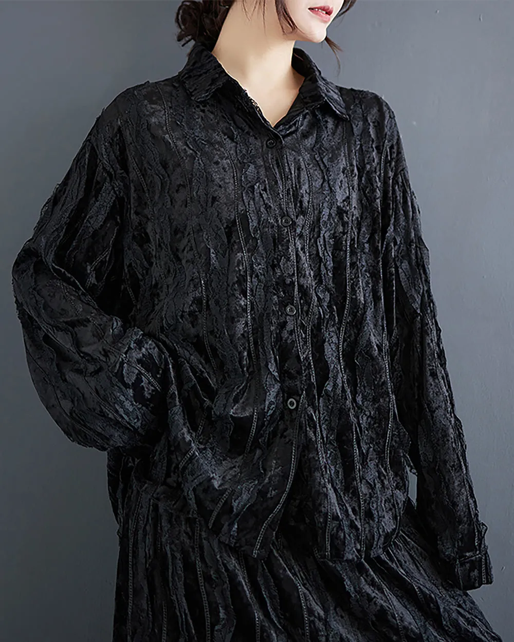 Women's Shirt Long Sleeve Lapel Button Down Black Top Loose Oversize Fall Winter GZ289