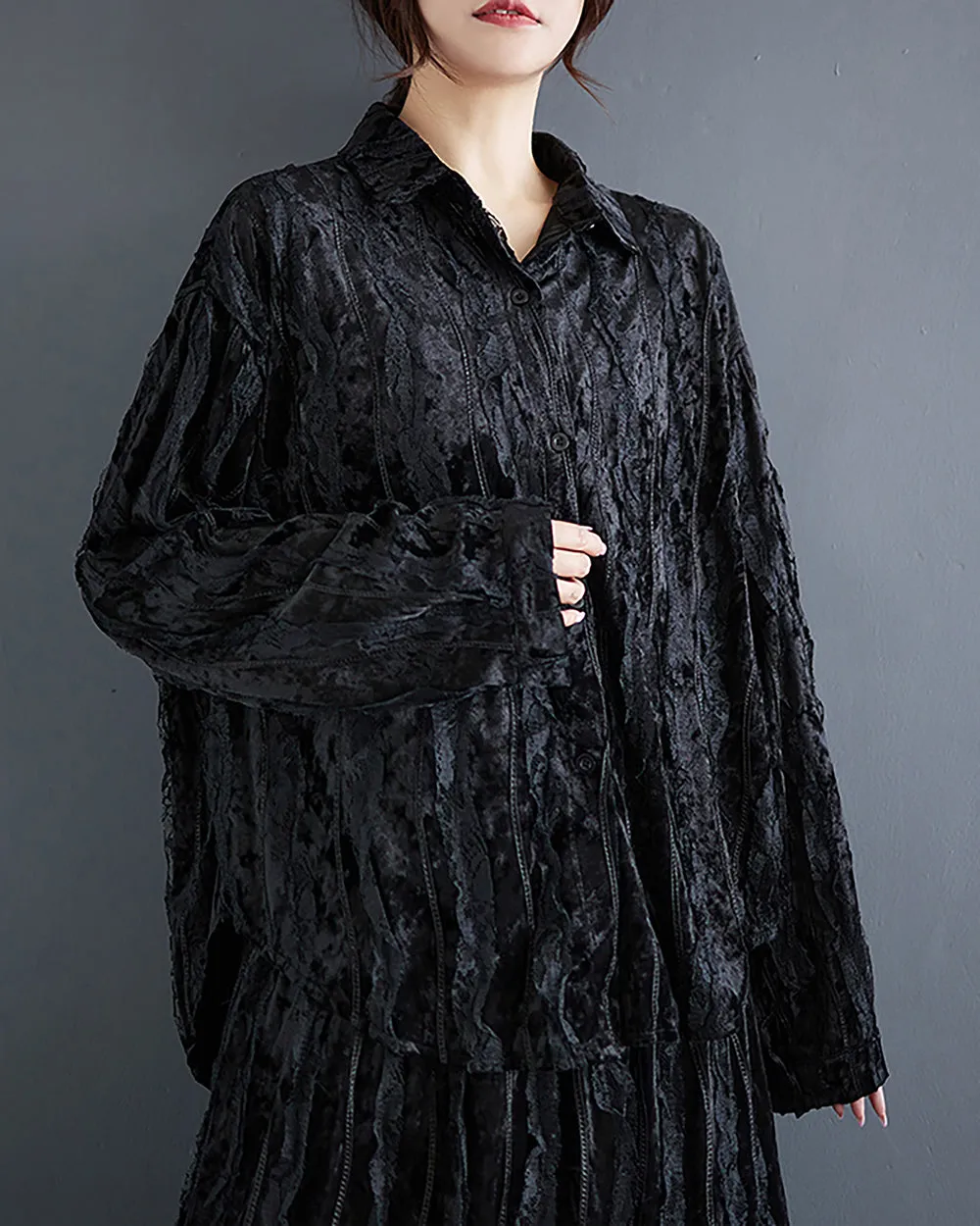 Women's Shirt Long Sleeve Lapel Button Down Black Top Loose Oversize Fall Winter GZ289