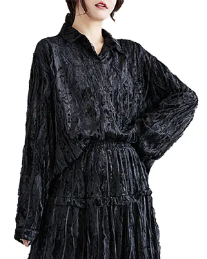 Women's Shirt Long Sleeve Lapel Button Down Black Top Loose Oversize Fall Winter GZ289