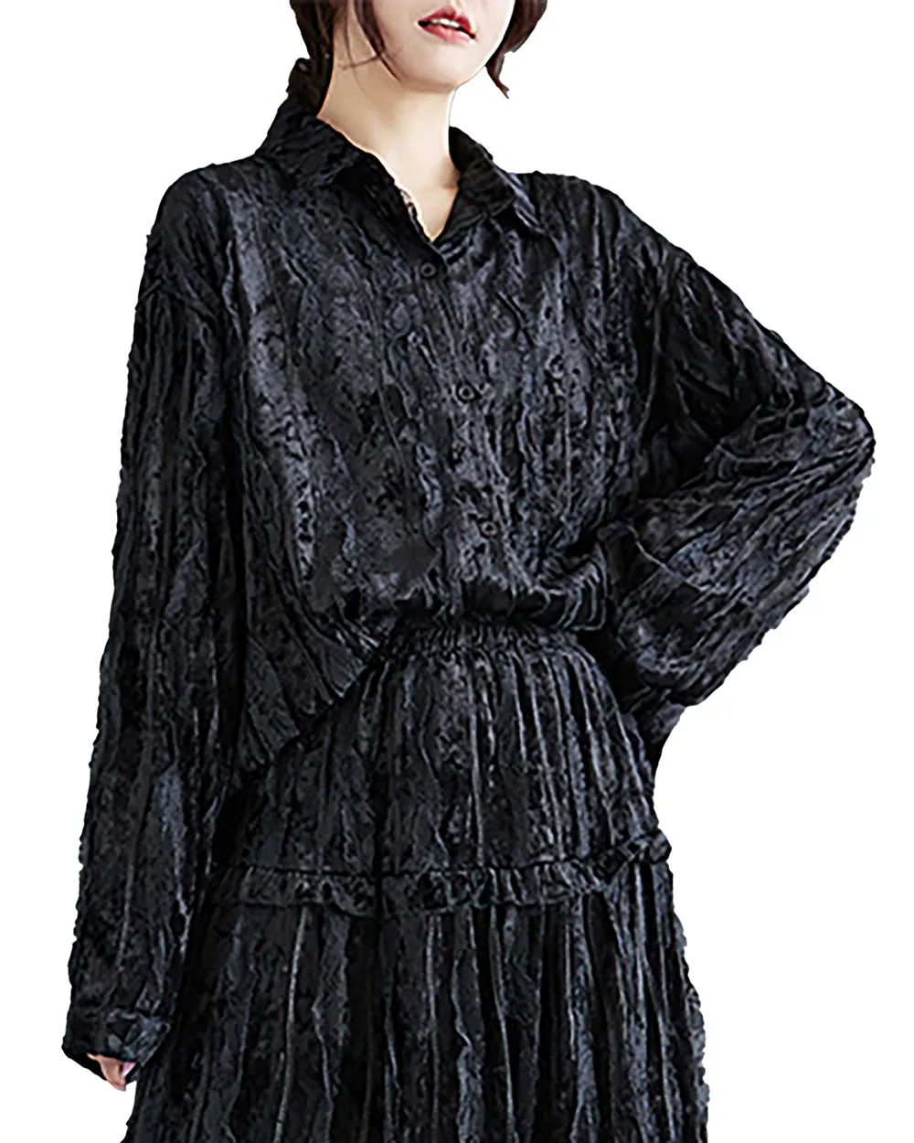 Women's Shirt Long Sleeve Lapel Button Down Black Top Loose Oversize Fall Winter GZ289
