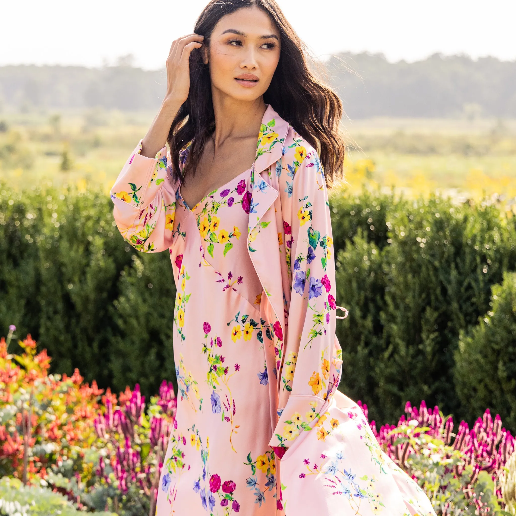 Women's Silk Robe in Blush Brilliant Botanical