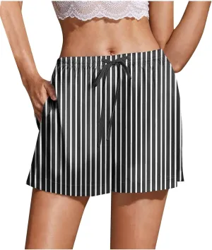 Women's Silk Satin Pajama Shorts Casual Striped Summer Drawstring Pj Bottoms Soft Boxer Sleepwear Lounge Shorts with Pockets