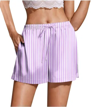Women's Silk Satin Pajama Shorts Casual Striped Summer Drawstring Pj Bottoms Soft Boxer Sleepwear Lounge Shorts with Pockets