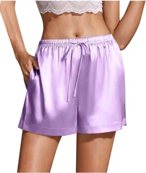 Women's Silk Satin Pajama Shorts Casual Summer Drawstring Sleepwear Pj Bottoms Soft Boxer Lounge Shorts with Pockets