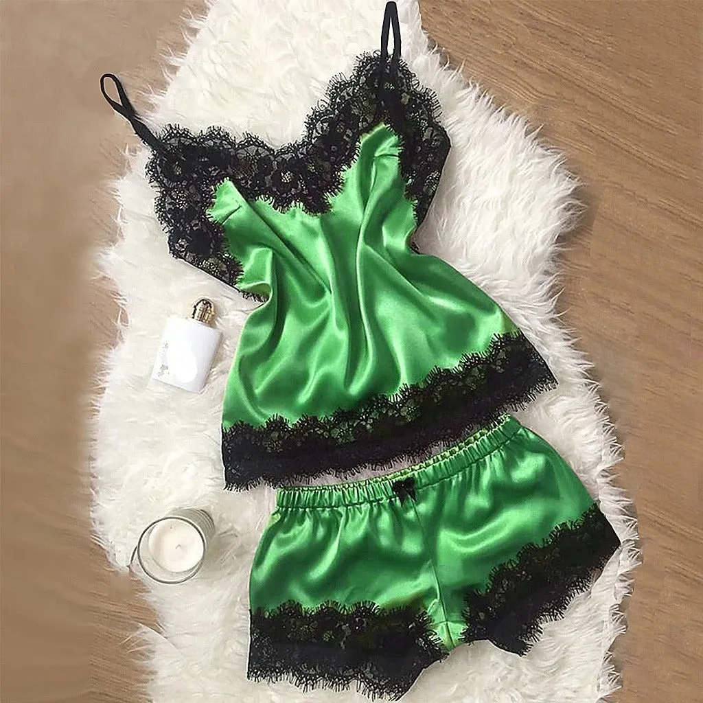 Women's Sleepwear Sexy Satin Pajama Set Black Lace V-Neck Pyjamas Sleeveless Cute Cami Top and Shorts Sexy Lingerie Homewear S3625858