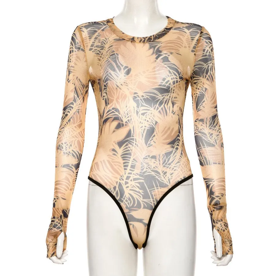 Women's Slim Printed O-Neck Long Sleeve Bodysuit
