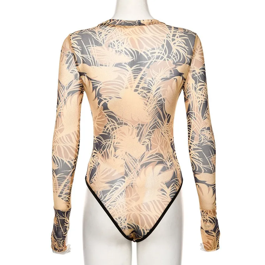 Women's Slim Printed O-Neck Long Sleeve Bodysuit