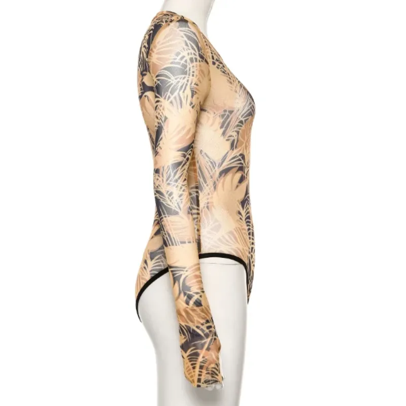 Women's Slim Printed O-Neck Long Sleeve Bodysuit