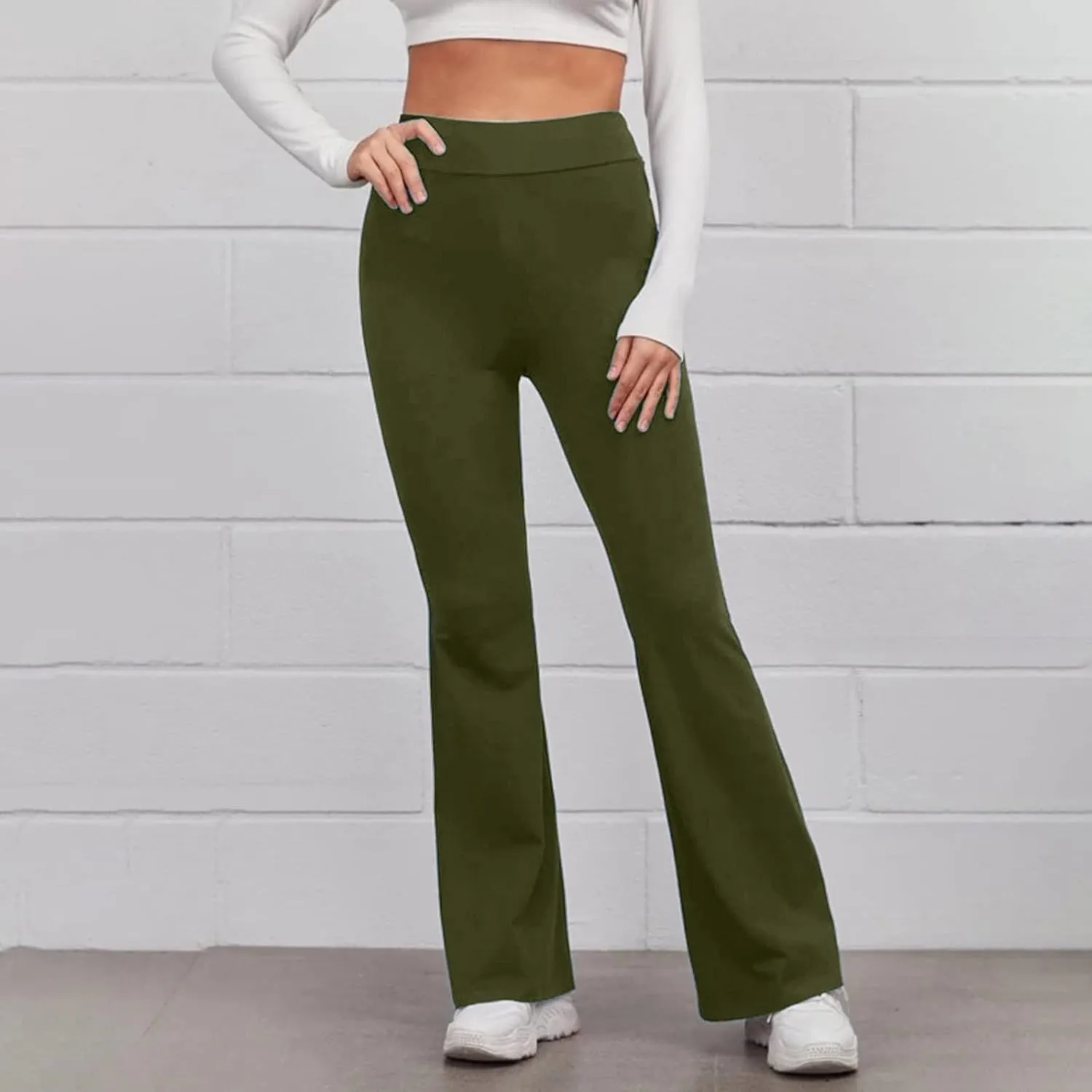 Women's Solid Casual Elastic High Waisted Yoga Sweatpants Stretch Soft Comfy Straight Wide Leg Trousers with Pockets