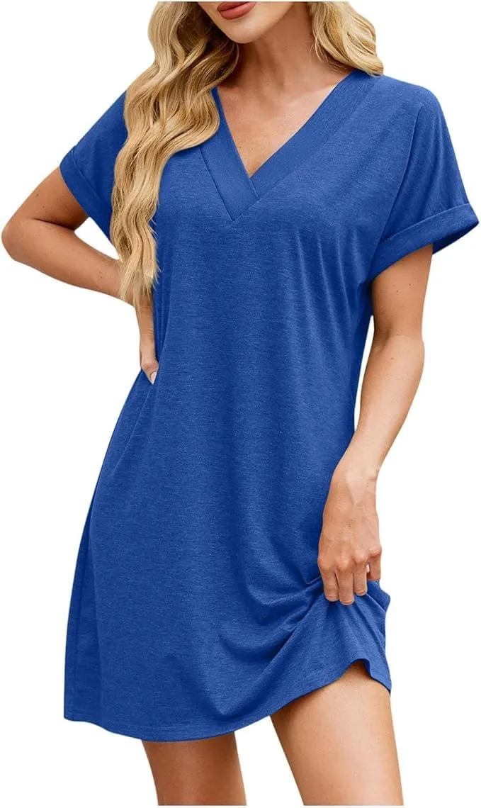 Women's Solid Color V-Neck Loose Short-Sleeved Casual Dress Summer Casual Beach Sundresses Work T Shirt Dresses