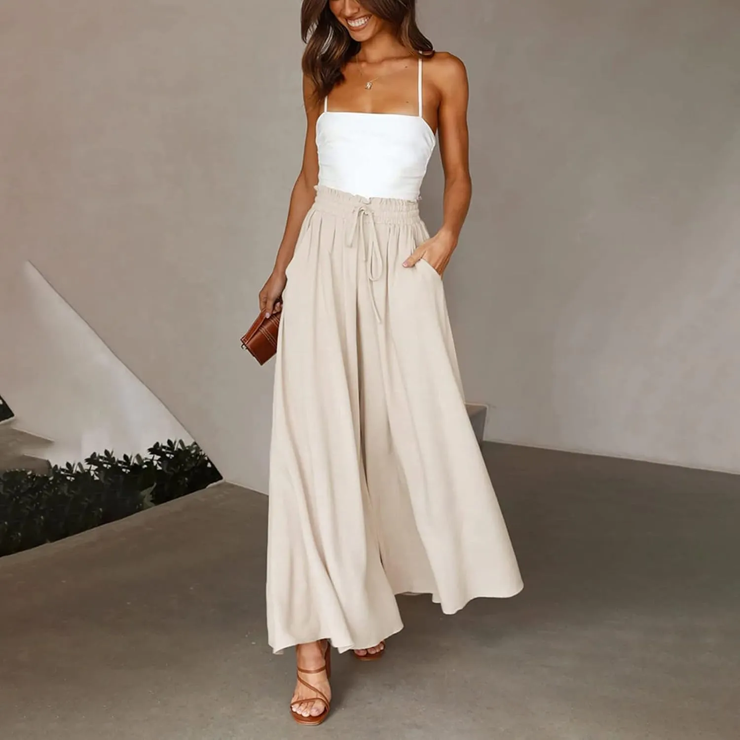 Women's Solid Flowy High Waist Yoga Trousers 2023 Elegant Soft Comfy Lightweight Plus Size Baggy Pants