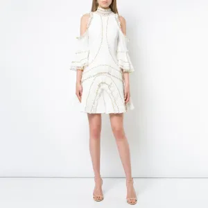 Women's Spring Beading Flare-Sleeved Off-Shoulder Mini Dress