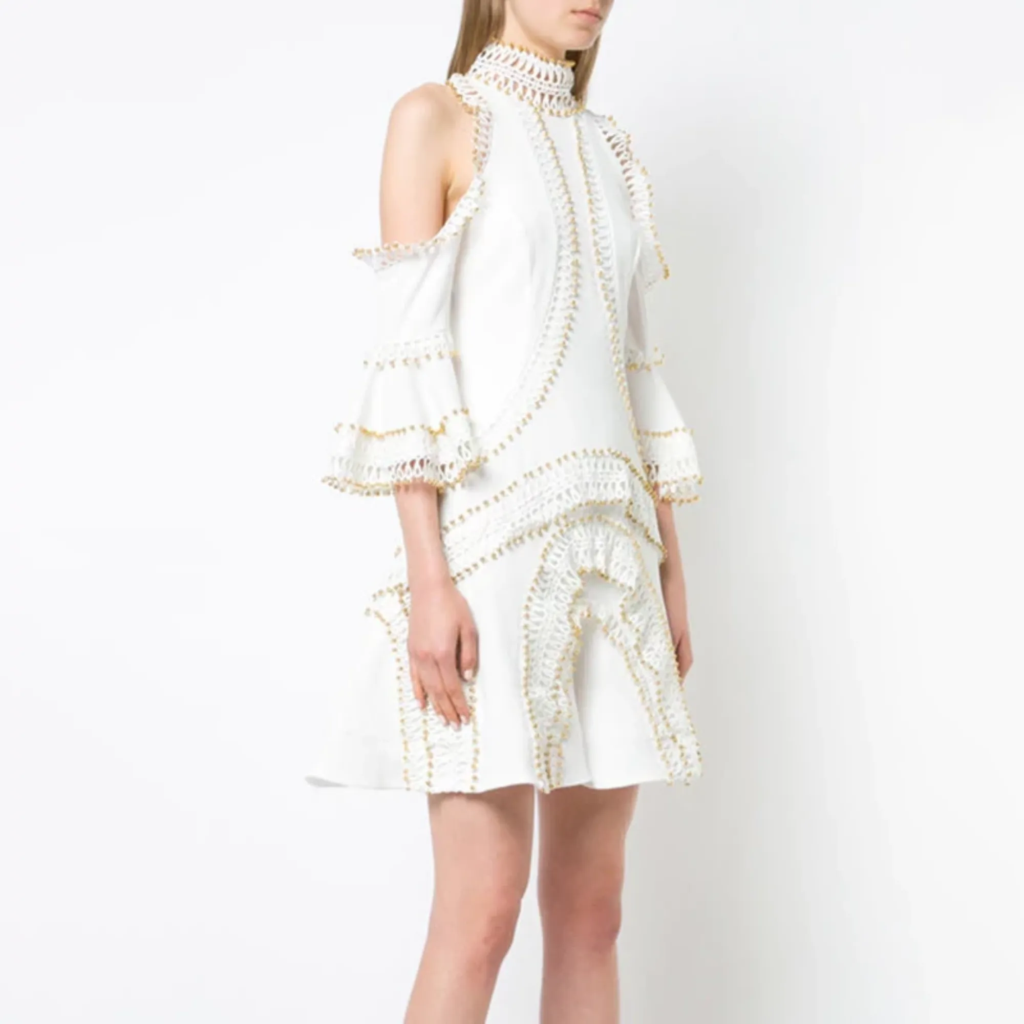 Women's Spring Beading Flare-Sleeved Off-Shoulder Mini Dress