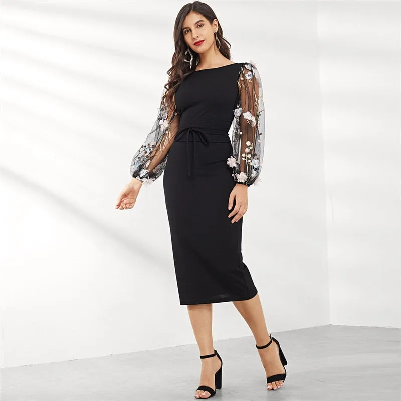 Women's Spring Mesh Sleeve Bodycon Dress With Floral Applique