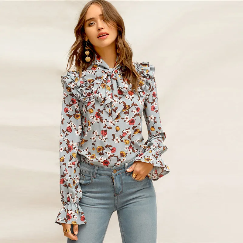 Women's Spring Polyester Floral Blouse With Ruffles