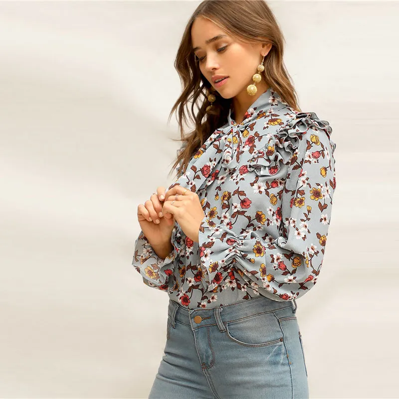 Women's Spring Polyester Floral Blouse With Ruffles