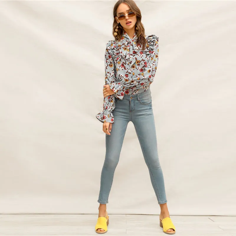 Women's Spring Polyester Floral Blouse With Ruffles