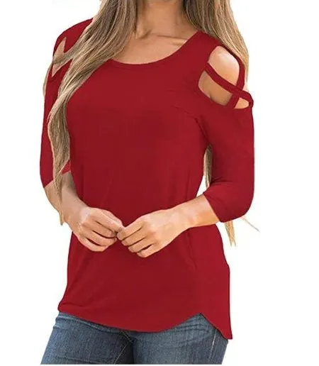 Women's Spring/Autumn Three Quarter Sleeved T-Shirt With Crisscross On Shoulders