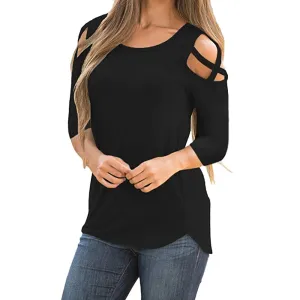 Women's Spring/Autumn Three Quarter Sleeved T-Shirt With Crisscross On Shoulders