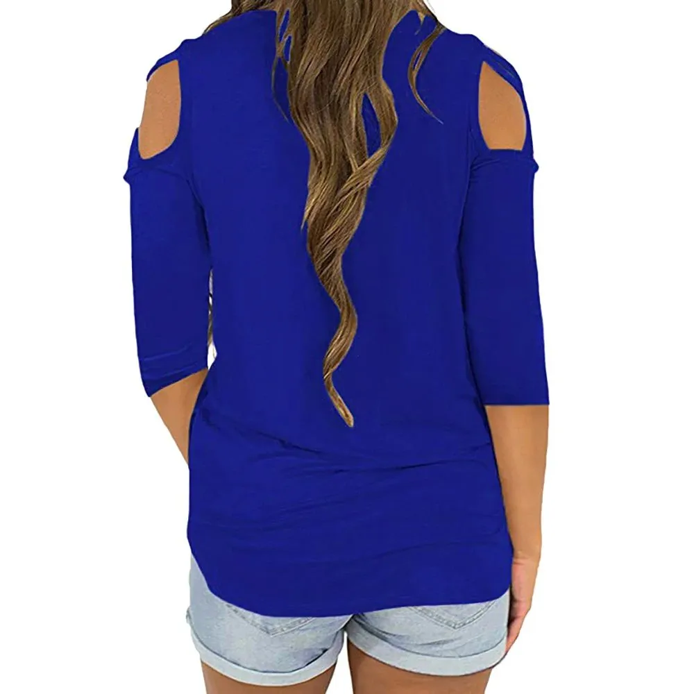 Women's Spring/Autumn Three Quarter Sleeved T-Shirt With Crisscross On Shoulders
