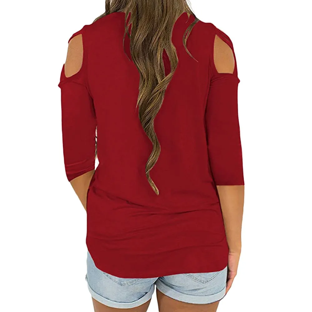 Women's Spring/Autumn Three Quarter Sleeved T-Shirt With Crisscross On Shoulders