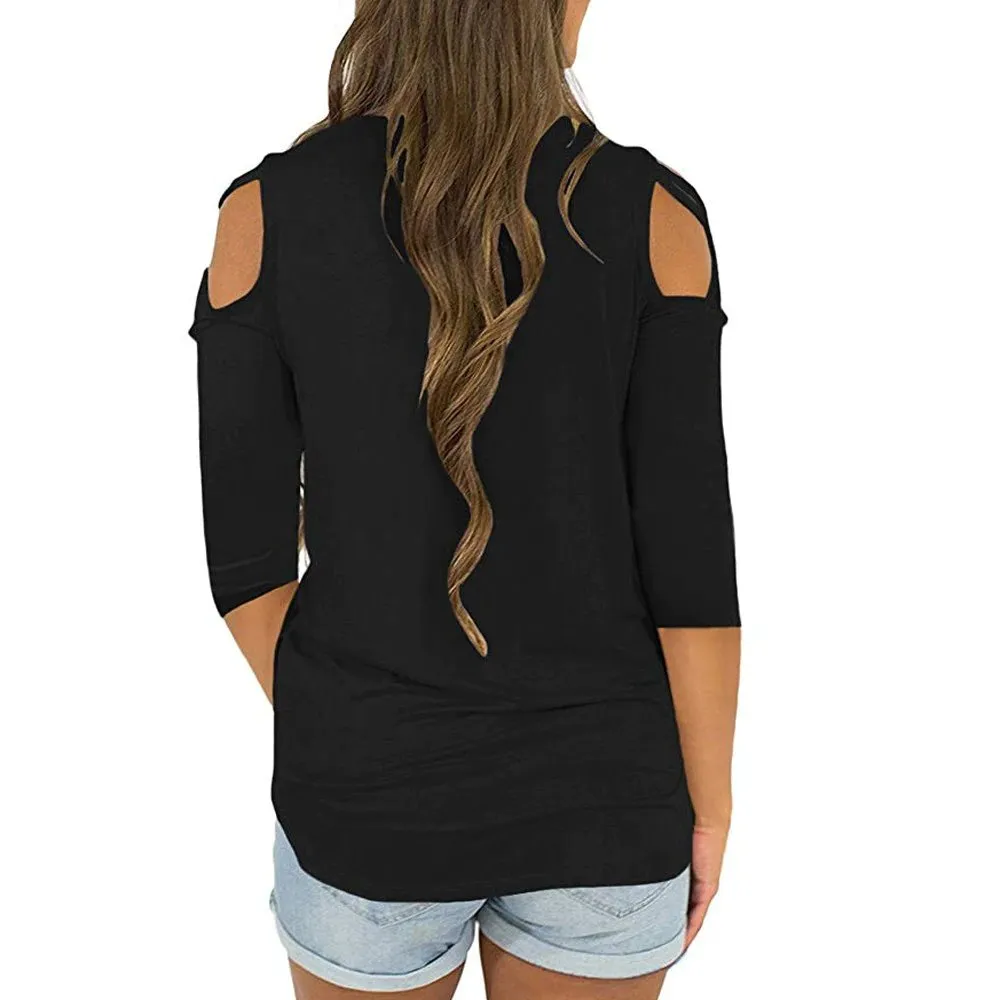Women's Spring/Autumn Three Quarter Sleeved T-Shirt With Crisscross On Shoulders
