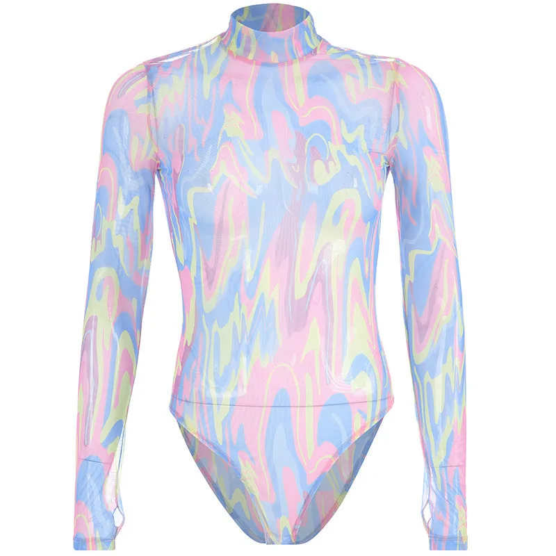 Women's Spring/Summer Long-Sleeved Multicolor Mesh Bodysuit