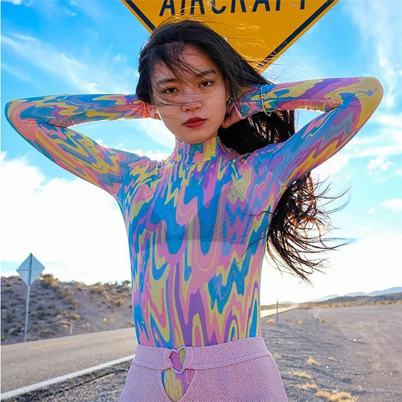 Women's Spring/Summer Long-Sleeved Multicolor Mesh Bodysuit