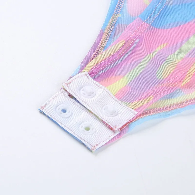 Women's Spring/Summer Long-Sleeved Multicolor Mesh Bodysuit