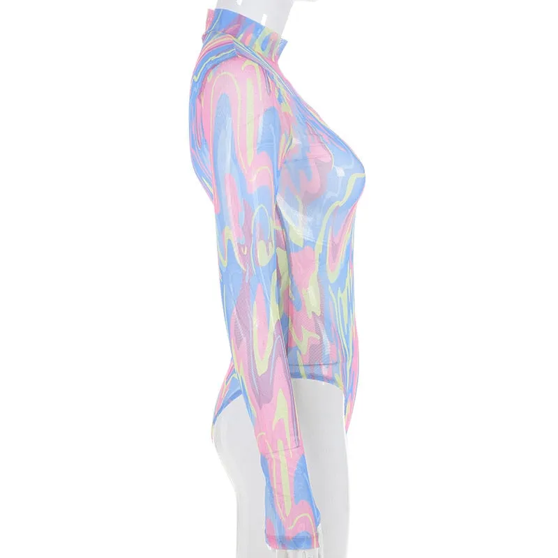 Women's Spring/Summer Long-Sleeved Multicolor Mesh Bodysuit