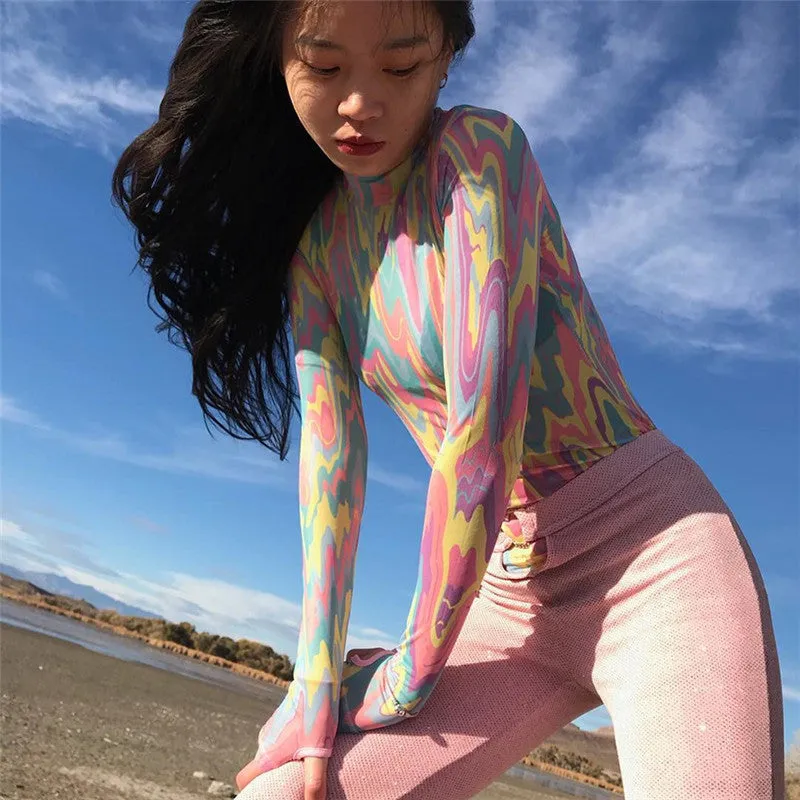 Women's Spring/Summer Long-Sleeved Multicolor Mesh Bodysuit