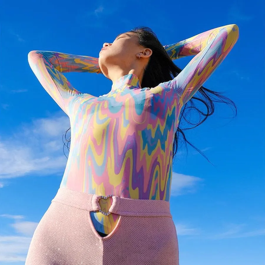 Women's Spring/Summer Long-Sleeved Multicolor Mesh Bodysuit